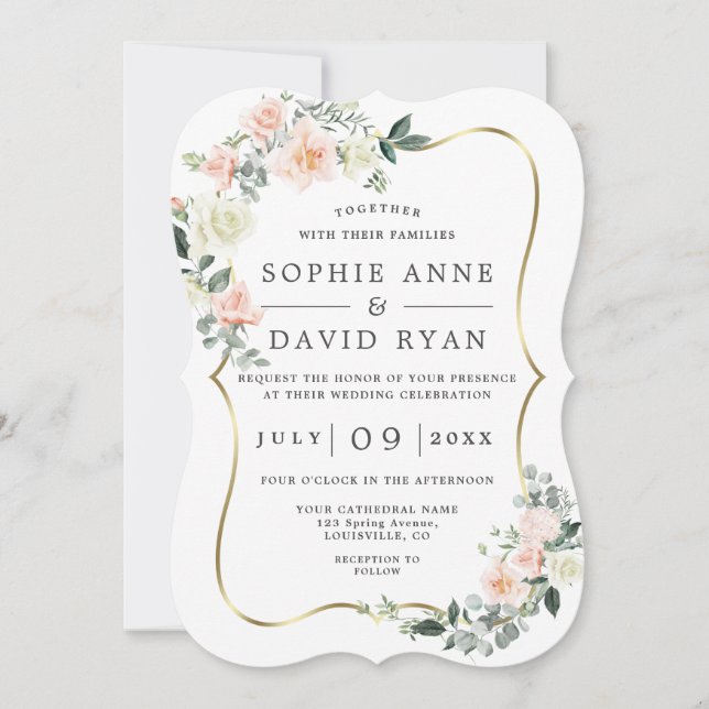 Blush White Flowers Gold All In One Wedding Invitation (Front)