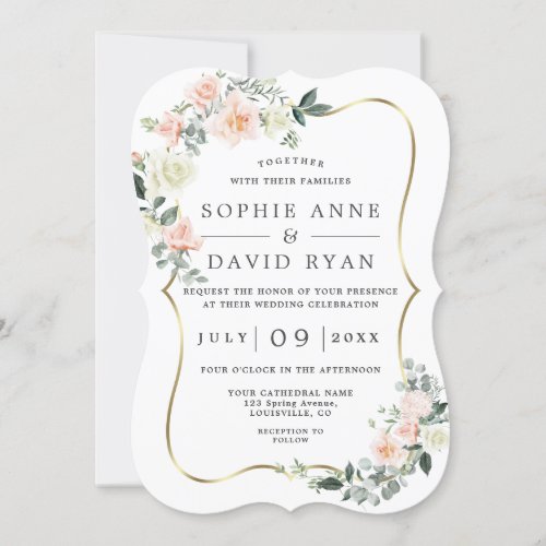 Blush White Flowers Gold All In One Wedding Invitation