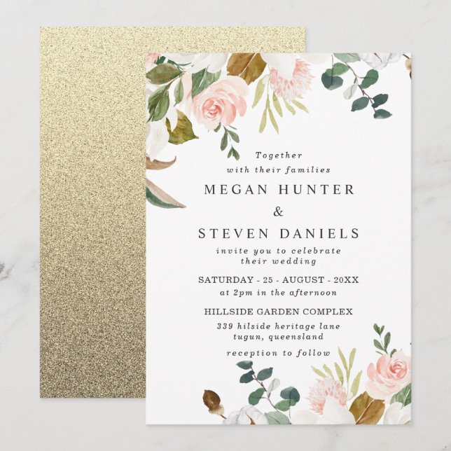 Blush & White Flowers Gold Backing Modern Wedding Invitation (Front/Back)