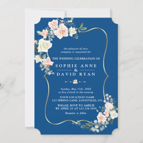 Blush White Flowers Gold Classic Blue Wedding Invitation