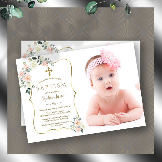 Blush White Flowers Gold Frame Photo Baptism Invitation