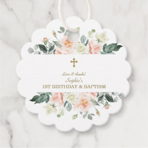 Blush White Flowers Gold Girl 1st Birthday Baptism Favor Tags