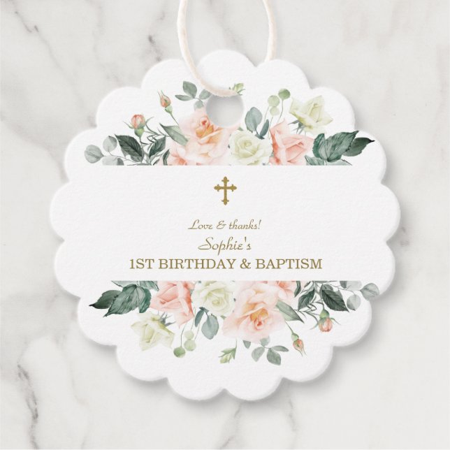 Blush White Flowers Gold Girl 1st Birthday Baptism Favor Tags (Front)
