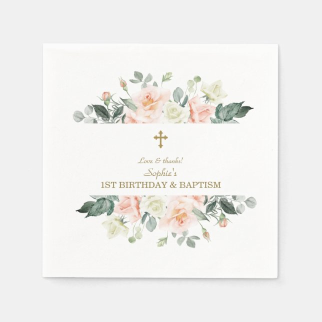 Blush White Flowers Gold Girl 1st Birthday Baptism Napkins (Front)