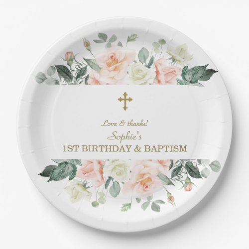 Blush White Flowers Gold Girl 1st Birthday Baptism Paper Plates