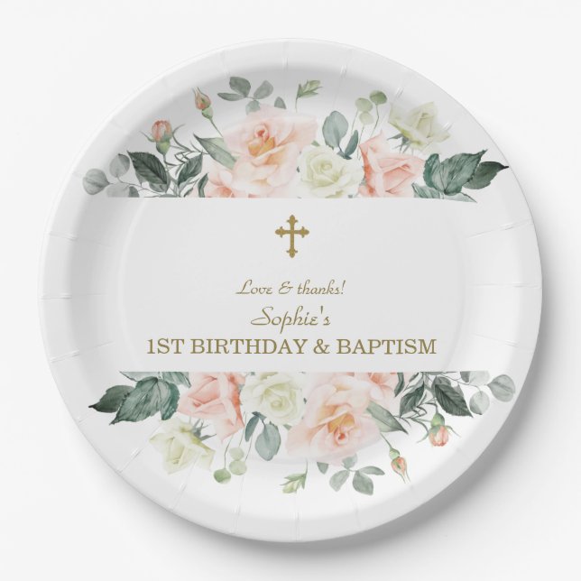 Blush White Flowers Gold Girl 1st Birthday Baptism Paper Plates (Front)