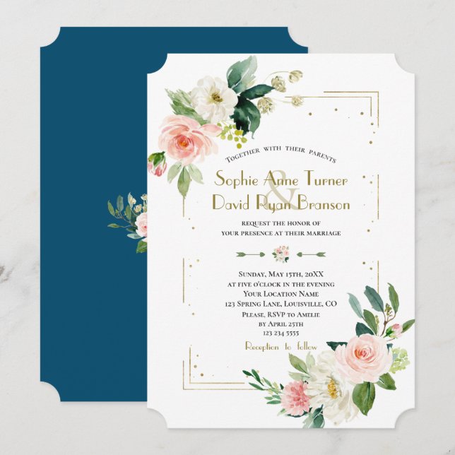 Blush White Flowers Gold Glitter Wedding Invitation (Front/Back)