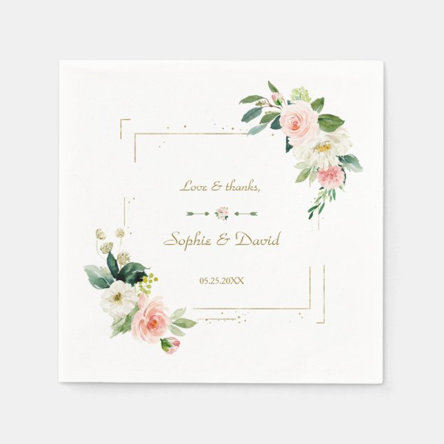 Blush White Flowers Gold Glitter Wedding Napkins (Front)