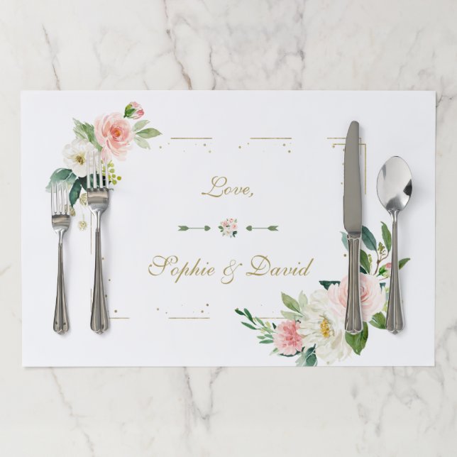 Blush White Flowers Gold Glitter Wedding Paper Placemat (In Situ)