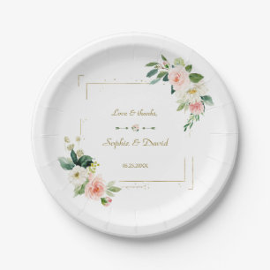 Blush White Flowers Gold Glitter Wedding Paper Plates