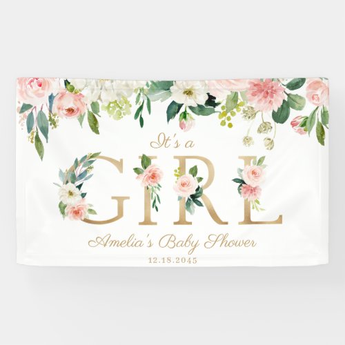 Blush  White Flowers Gold Its a Girl Baby Shower Banner