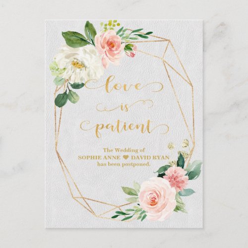 Blush White Flowers Gold Love Is Patient Wedding Postcard