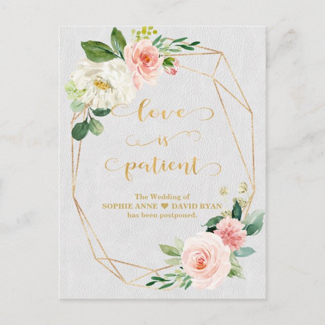 Blush White Flowers Gold Love Is Patient Wedding Postcard (Front)