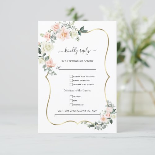 Blush White Flowers Gold Song Request Wedding RSVP Card