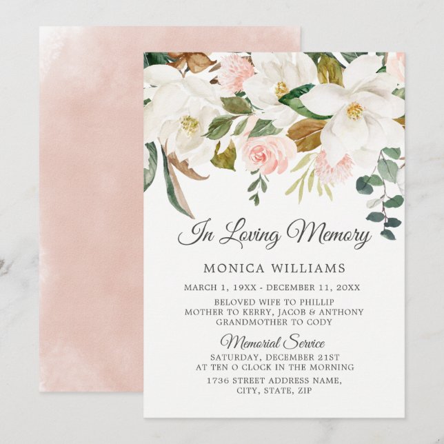Blush & White Flowers In Loving Memorial Service Invitation (Front/Back)