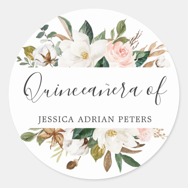 Blush & White Flowers Quinceanera Party Favor Classic Round Sticker (Front)