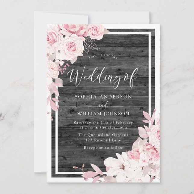 Blush & White Flowers Rustic Black Wedding Invitation (Front)