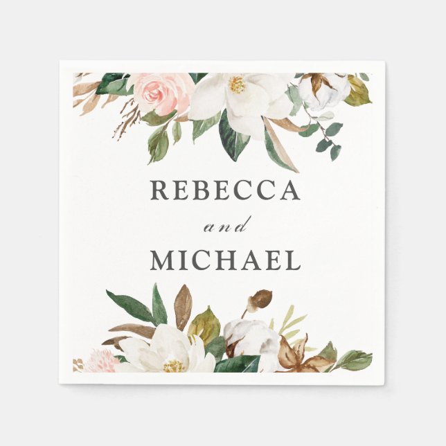 Blush & White Flowers Wedding Reception or Party Napkins (Front)