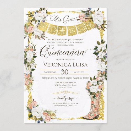 Blush White Gold Charro Floral Boot Quinceanera In Invitation