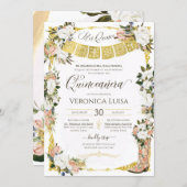 Blush White Gold Charro Floral Boot Quinceanera Invitation (Front/Back)