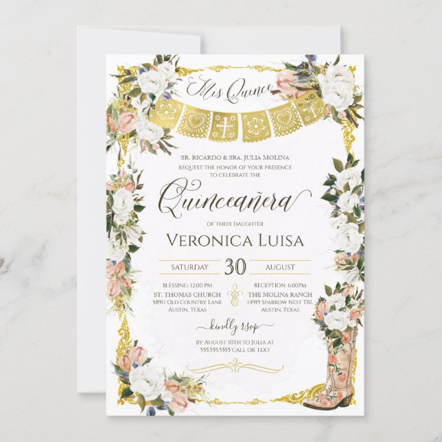 Blush White Gold Charro Floral Boot Quinceanera Invitation (Front)