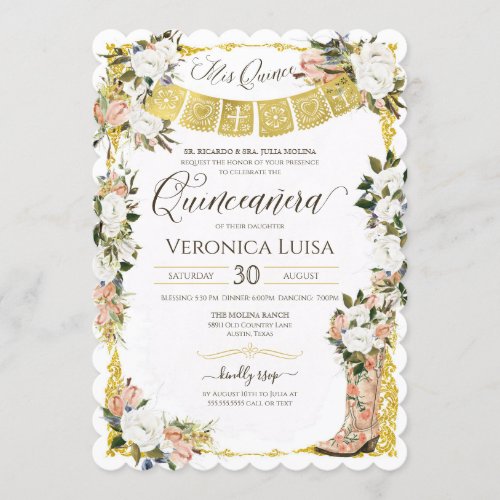 Blush White Gold Charro Floral Boot Quinceanera Invitation