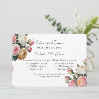 Blush White Gold Floral Rehearsal Dinner Invitation