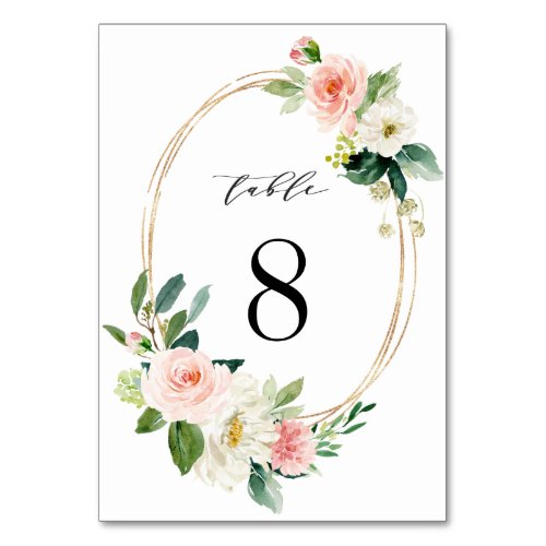 Blush White Gold Frame Floral Wedding Table Number
