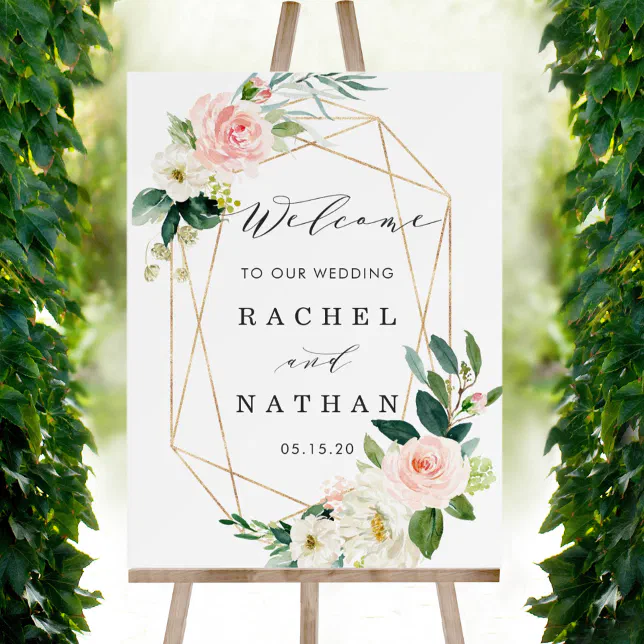 Blush White Gold Frame Floral Wedding Welcome Sign 