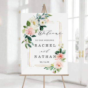 Blush White Gold Frame Floral Wedding Welcome Sign