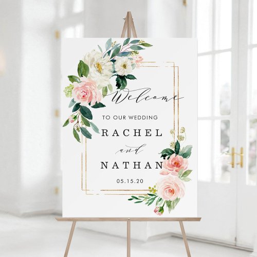 Blush White Gold Frame Floral Wedding Welcome Sign