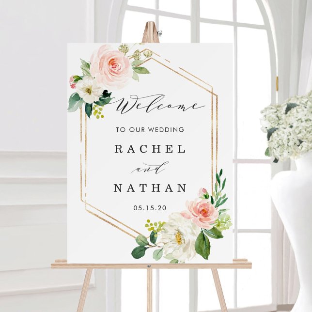 Blush White Gold Hexagon Floral Wedding Welcome Foam Board (Creator Uploaded)