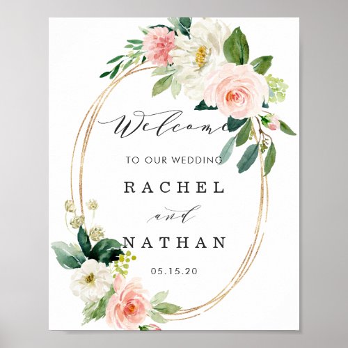 Blush White Gold Oval Floral Wedding Welcome Sign