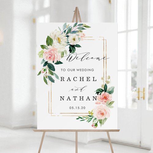 Blush White Gold Rectangle Floral Wedding Welcome Foam Board