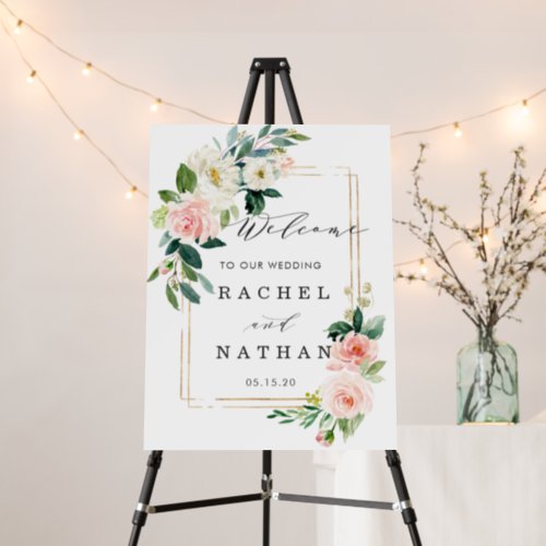 Blush White Gold Rectangle Floral Wedding Welcome Foam Board