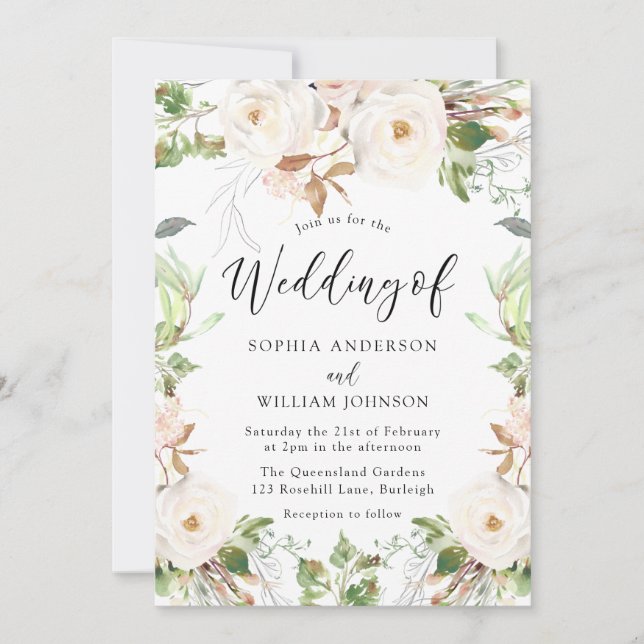 Blush & White Green Leaf Floral Wreath Wedding Invitation (Front)