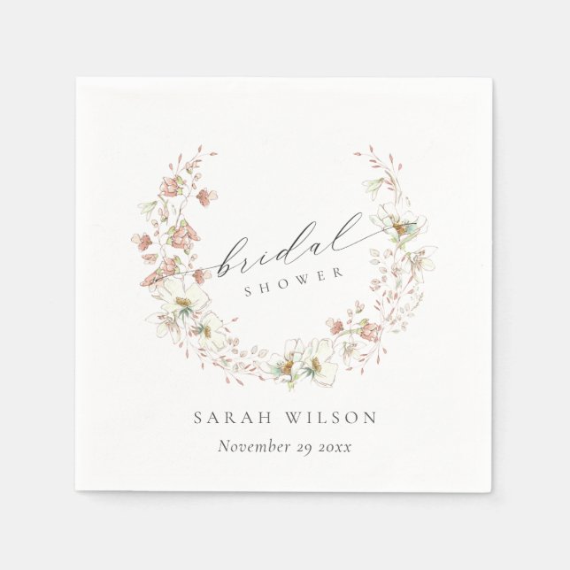 Blush White Meadow Floral Wreath Bridal Shower Napkins (Front)
