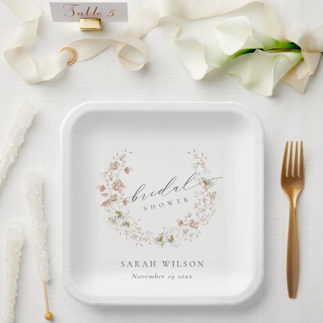 Blush White Meadow Floral Wreath Bridal Shower Paper Plates (Wedding)