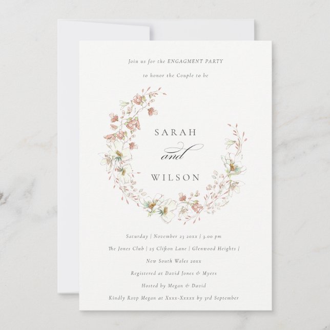 Blush White Meadow Floral Wreath Engagement Invite (Front)