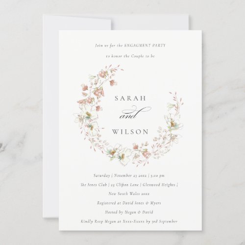 Blush White Meadow Floral Wreath Engagement Invite