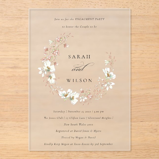 Blush White Meadow Floral Wreath Engagement Invite Acrylic Invitations (Front)
