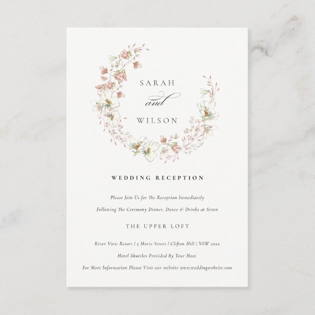 Blush White Meadow Floral Wreath Wedding Reception Enclosure Card (Front)