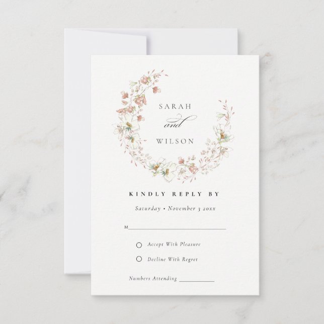 Blush White Meadow Floral Wreath Wedding RSVP (Front)