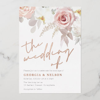 Blush & White Modern Floral Wedding Foil Invitation