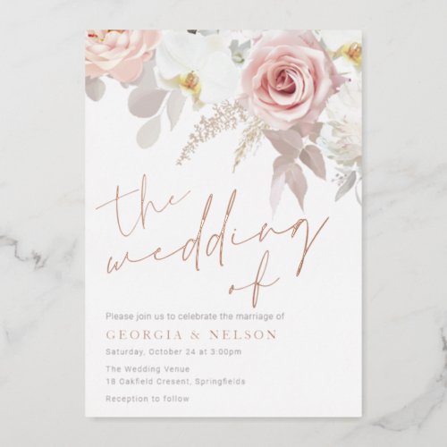 Blush  White Modern Floral Wedding Foil Invitation