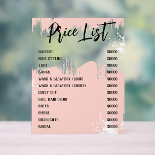 Blush White Paint Spatter Chic Salon Price List Acrylic Sign