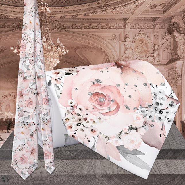 Blush White Pink Peony Silver Greenery Wedding Neck Tie (Creator Uploaded)