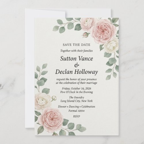 Blush & White Rose Botanical Elegant Save the Date Invitation