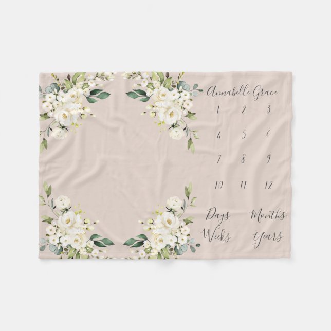 Blush White Rose Floral Monthly Baby Milestone Fleece Blanket (Front (Horizontal))