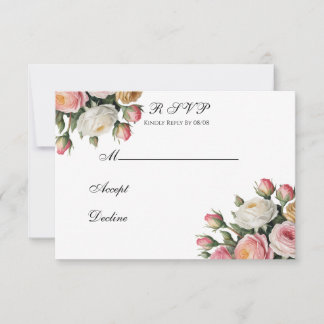 Blush, White Rose Floral Wedding RSVP Card